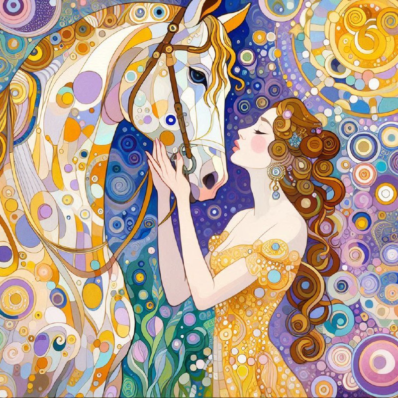 Woman Stroking Horse Surrealist Klimt Style Art