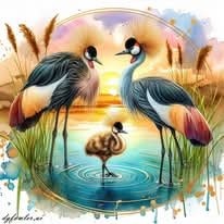 Crowned African Cranes in Sunrise Circle