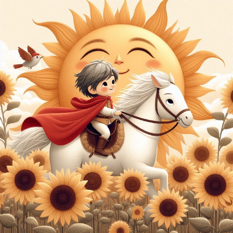 Caped Kid Riding White Horse Through Sunflower Field