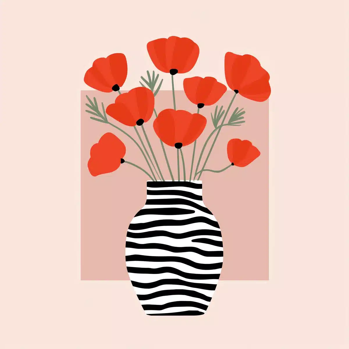 Zebra-Striped Vase with Poppies