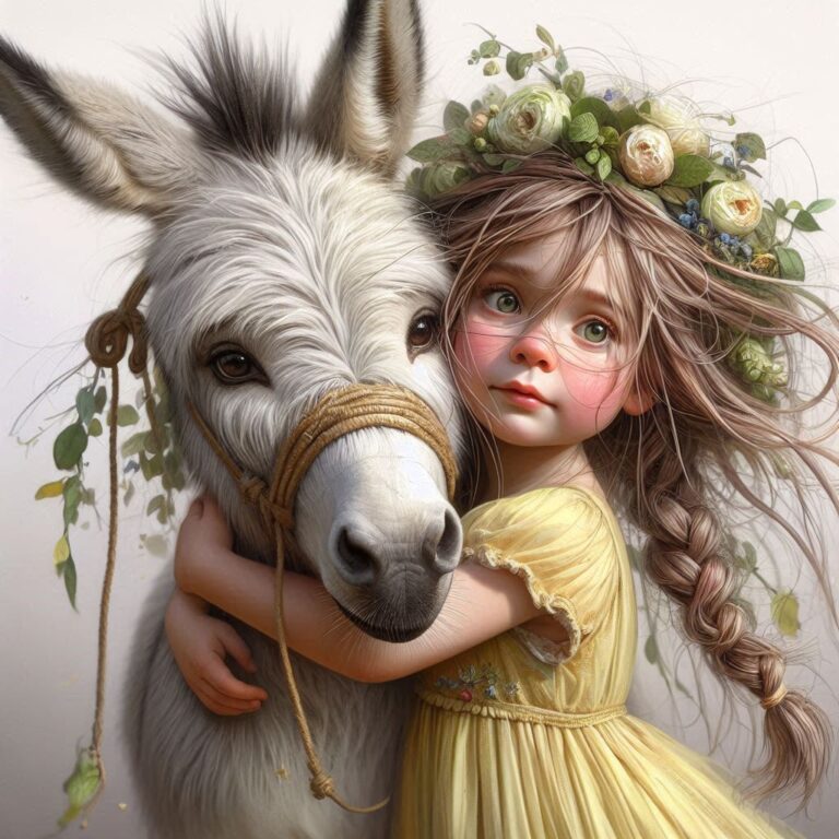 Girl in Yellow Dress Hugging Donkey Storybook Art