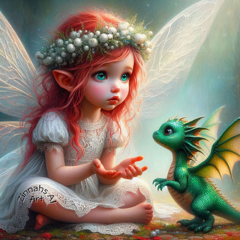 Toddler Fairy Surprised by Green Baby Dragon Fantasy