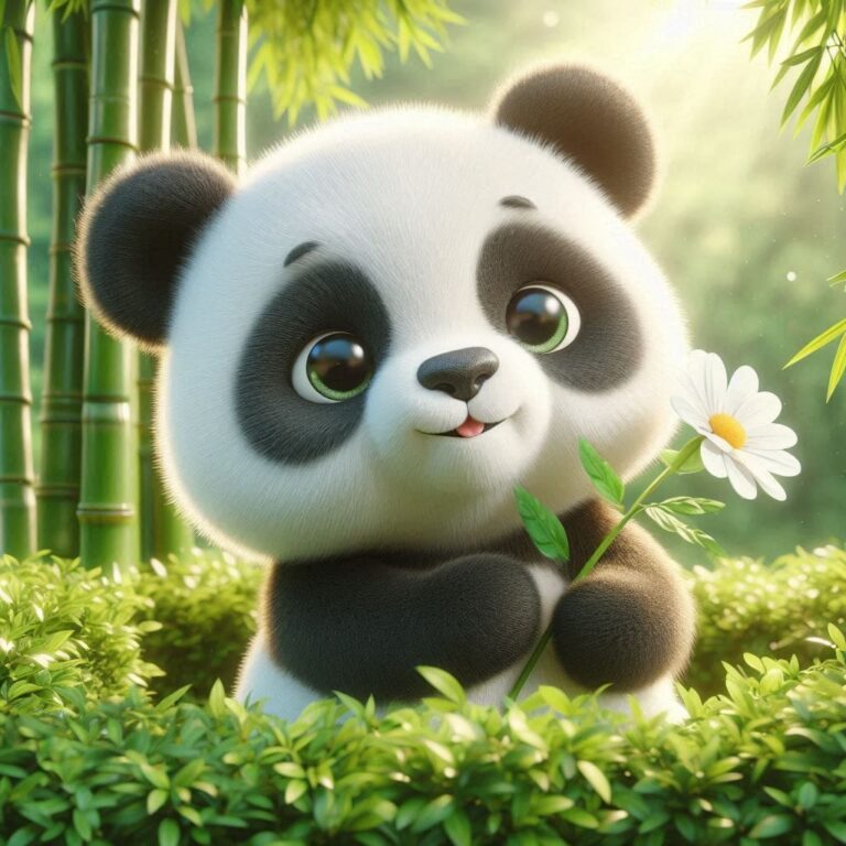 Cute Plush Panda Holding White Flower in Bamboo Grove