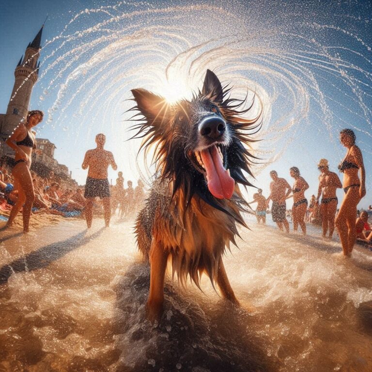 Soaked Corgi Shaking Off Water and Sand Action Photo
