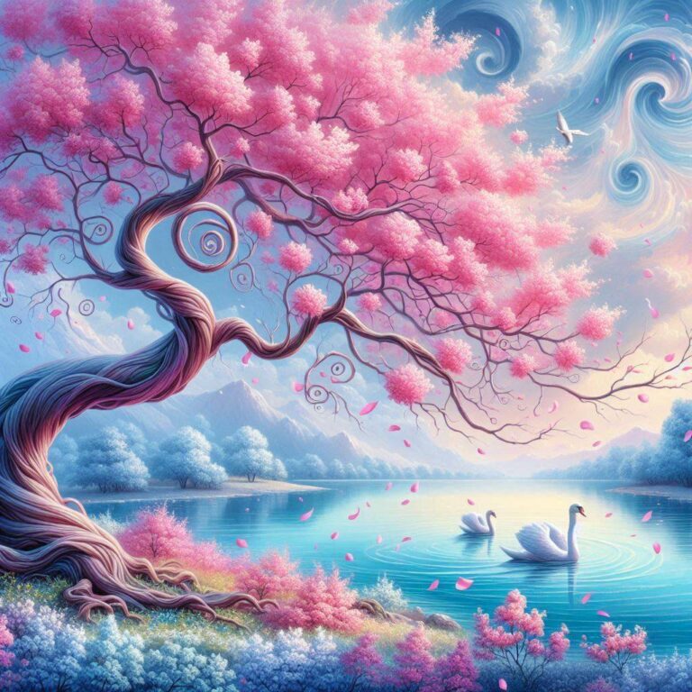 Pink Blossom Tree With Swirl Branches by Lake