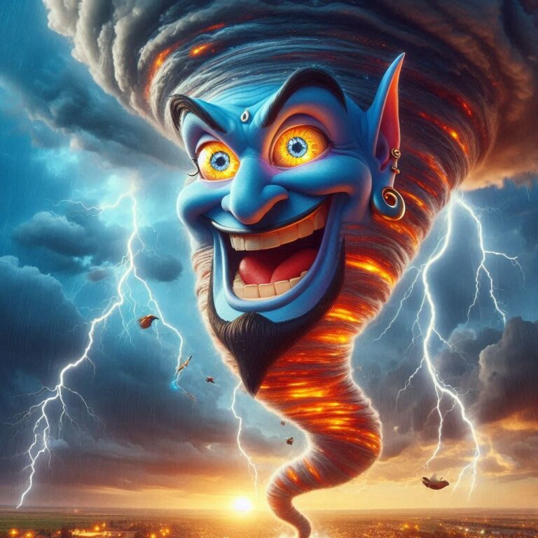 Evil Genie Face Tornado With Lightning Pixar Style