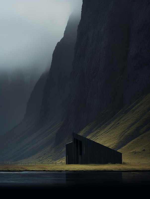 Minimalist Building Against Dark Foreboding Mountain
