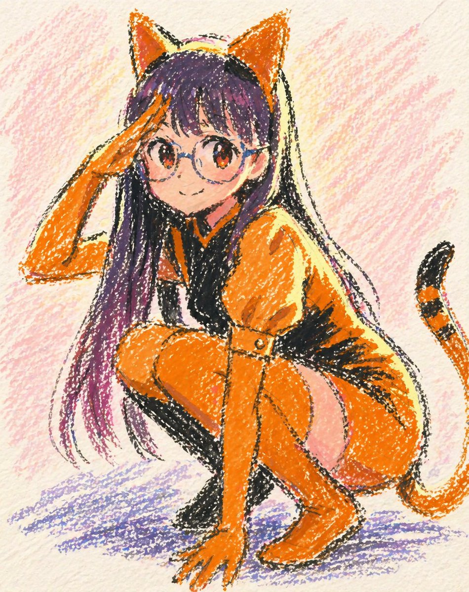 Playful Catgirl Oil Pastel Art