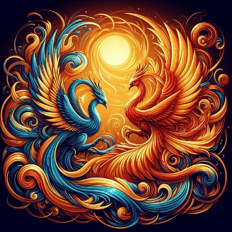 Twin Phoenixes Rising From Fire With Golden Outlines