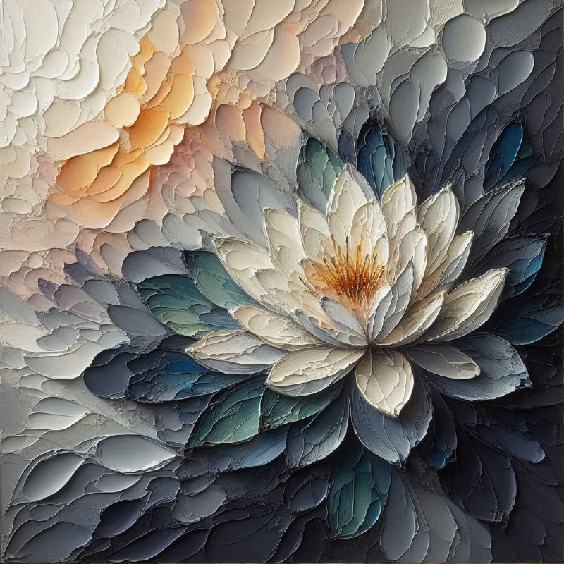 Impasto Water Lily in Slate and Cream With Gold Light