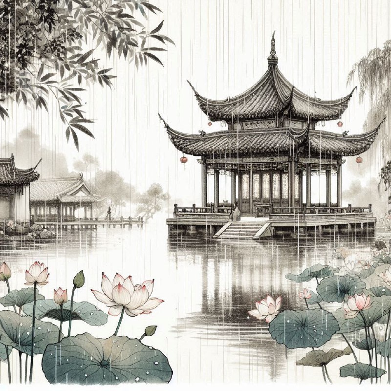Song Dynasty Lotus Pond Pavilion Chinese Ink Painting