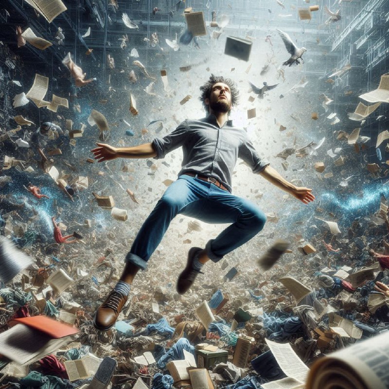 Man Floating in Air Against Chaotic Background Photo