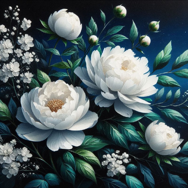 White Peonies and Roses Acrylic on Blue Night Sky