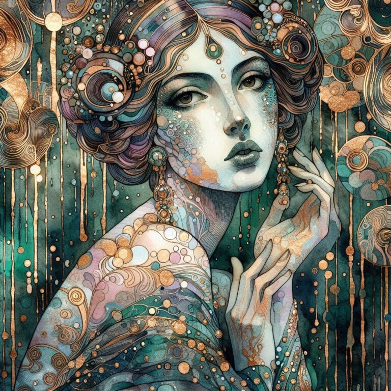 Klimt Style Woman in Iridescent Silk With Gold Foil