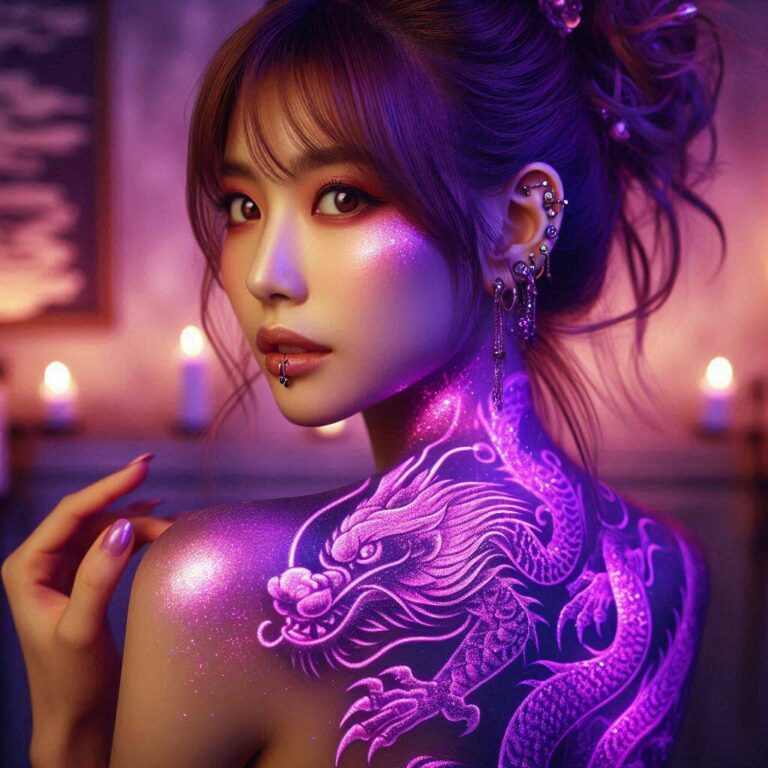Japanese Woman With Glowing Purple Dragon Back Tattoo