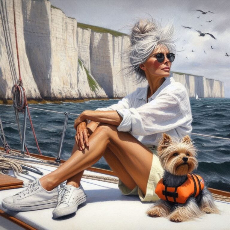 White-Haired Woman Relaxing at Sailboat Stern
