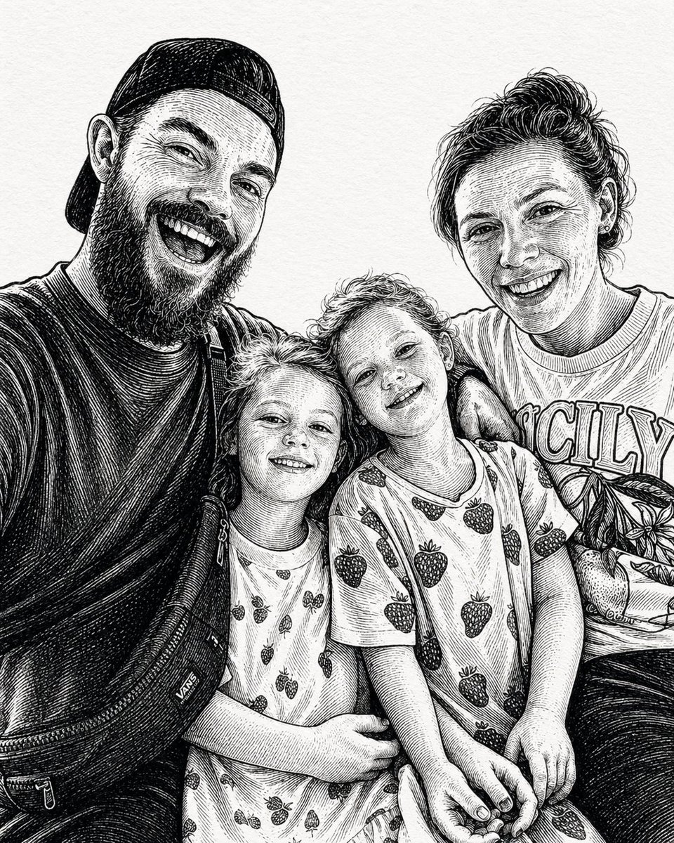 Monochrome Etched Family Portrait in Pen and Ink