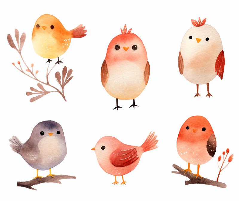 Cute Cartoon Birds and Leaves Watercolor Collection