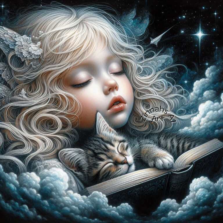Sleeping Blonde Child With Kitten on Picture Book