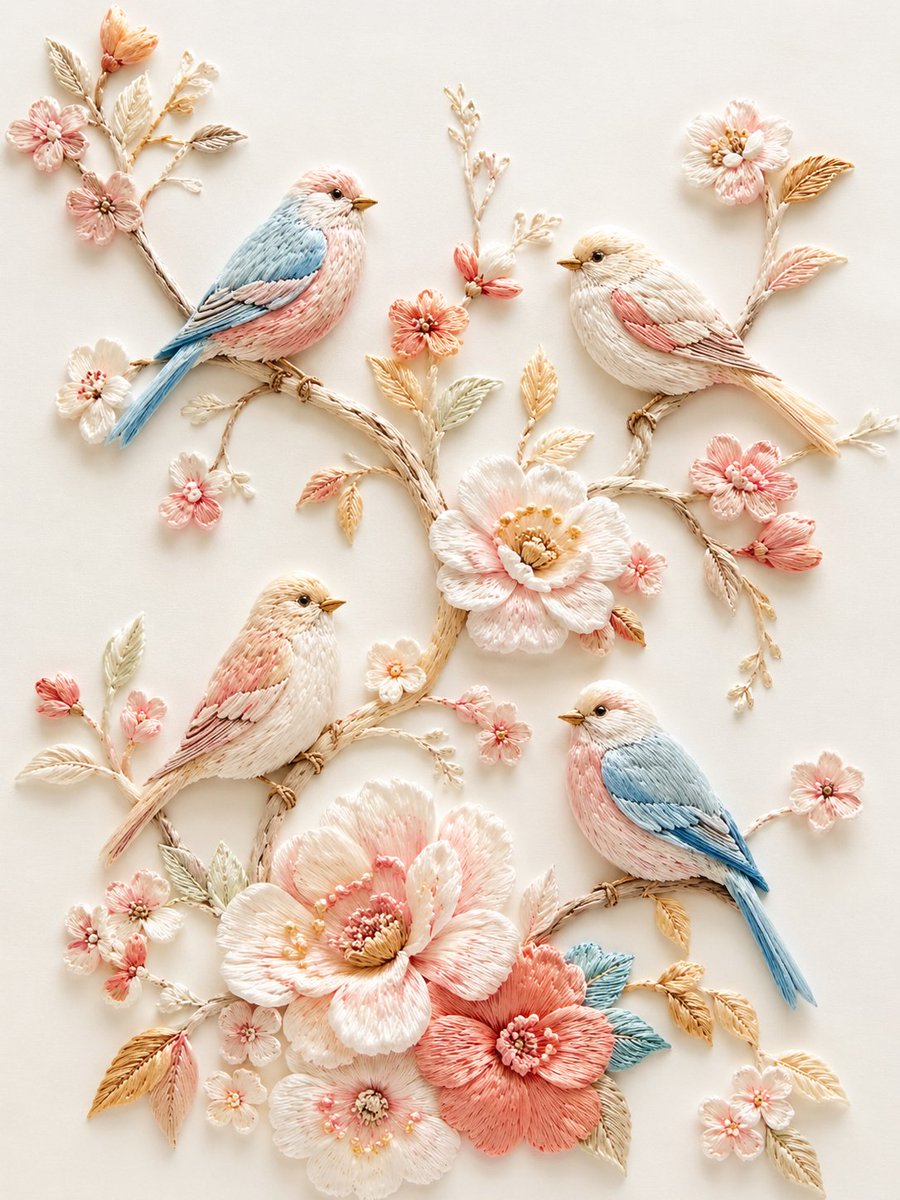 Exquisite 3D Embroidery Bird Illustration