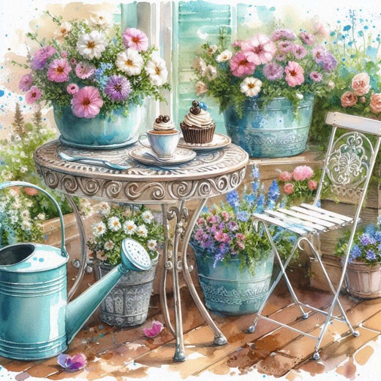 Front Porch Garden Corner With Coffee Watercolor Art