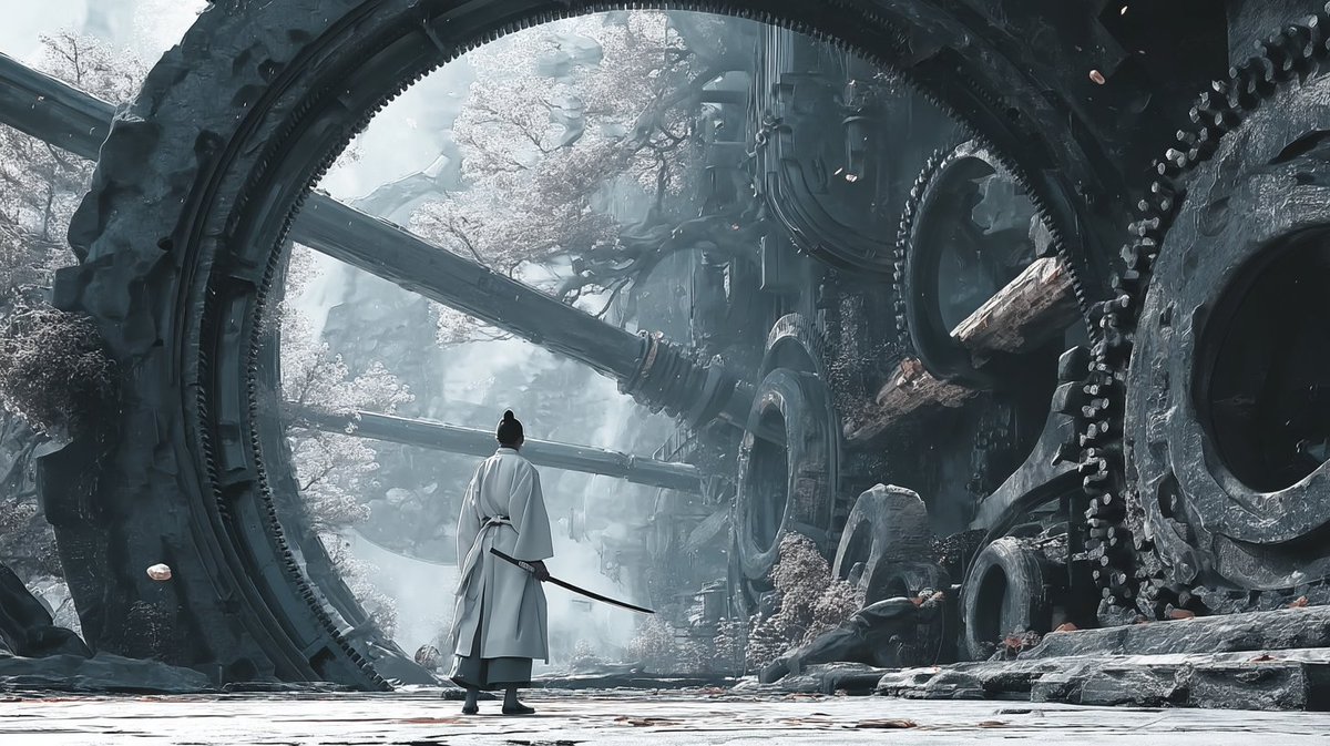 Swordsman in Colossal Mechanical Ruins