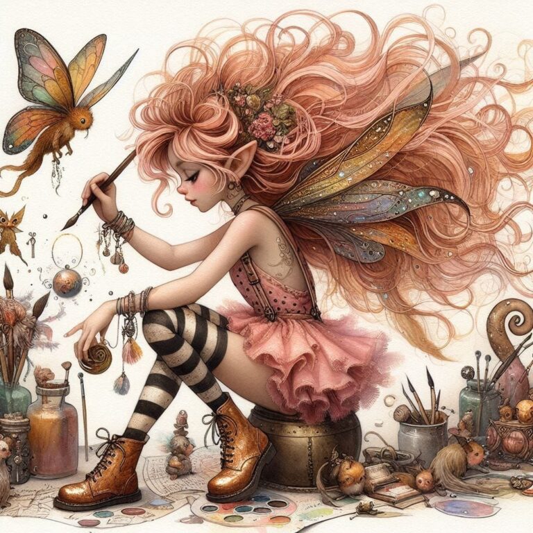 Rose Gold Pixie Girl With Tiny Paintbrush Watercolor