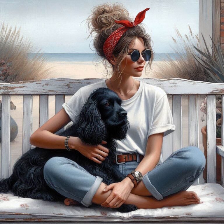 Woman in Red Bandana Petting Black Cocker Spaniel
