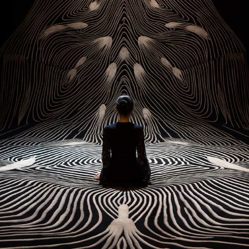 Monochrome Rug Design With Ribs Illusion Silkscreen