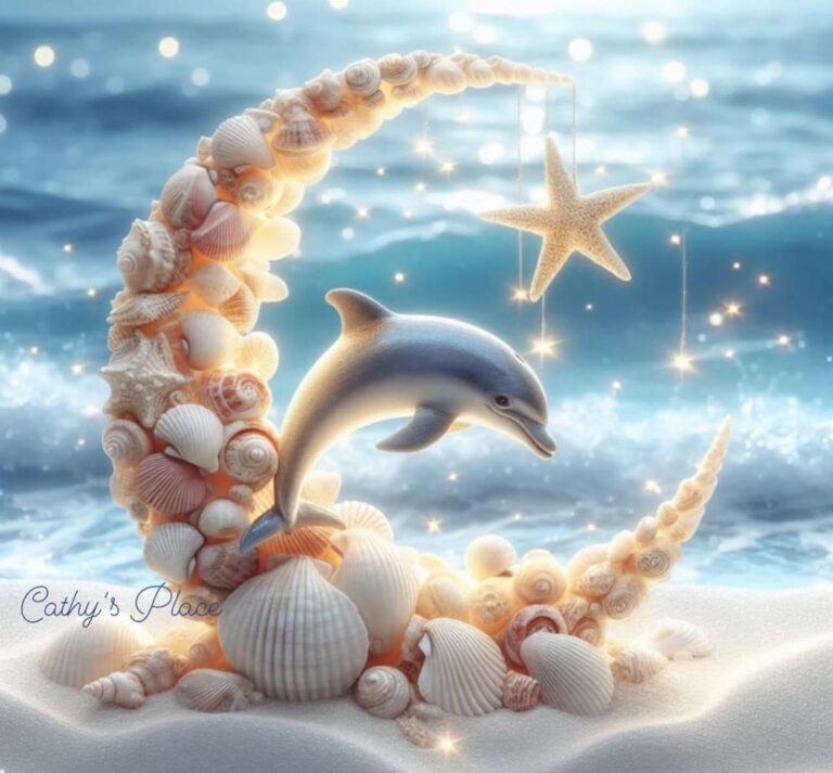 Seashell Crescent Moon With Leaping Dolphin and Stars