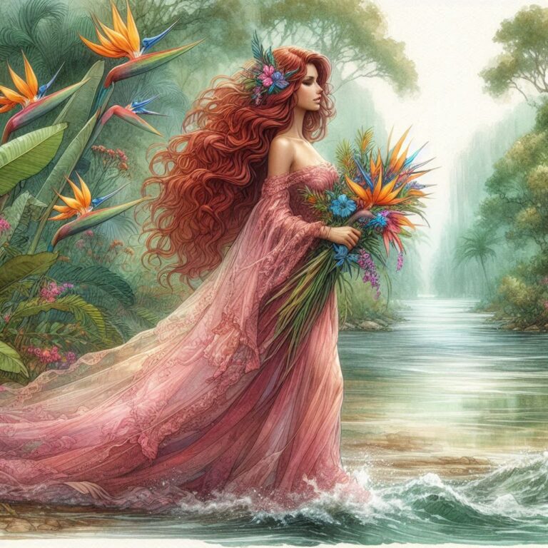 Red-Haired Woman in Pink Dress by River Watercolor