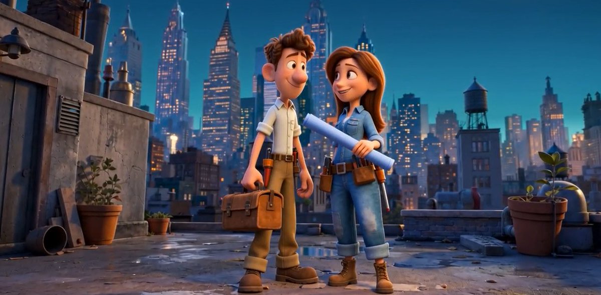 Pixar Rooftop Workers at Dusk