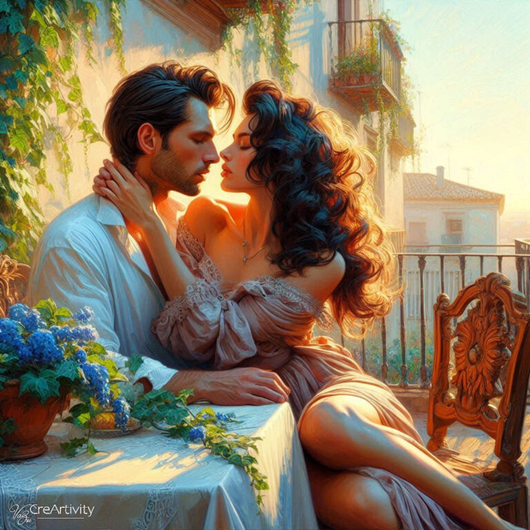 Romantic Couple at Table Romanticism Oil Painting