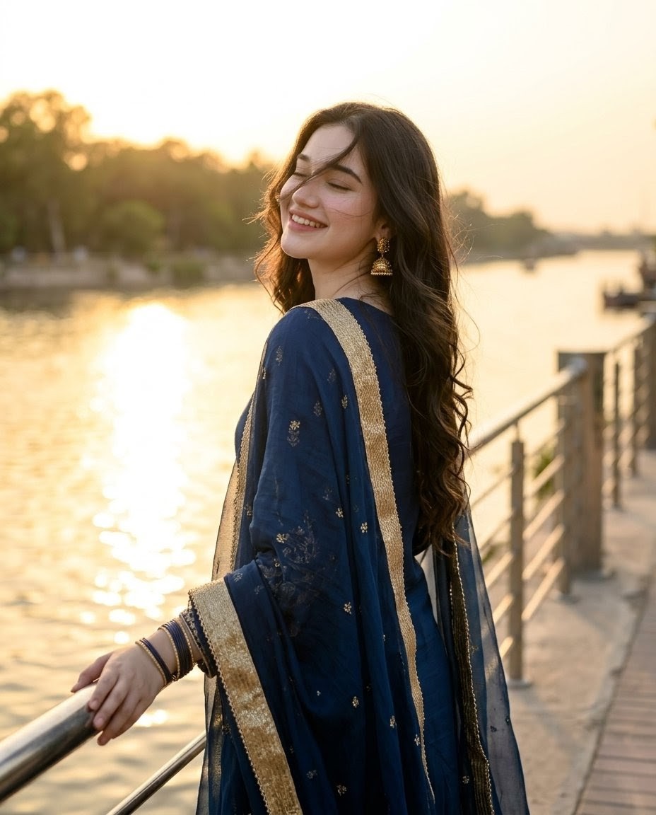 South Asian Woman Golden Hour River Portrait