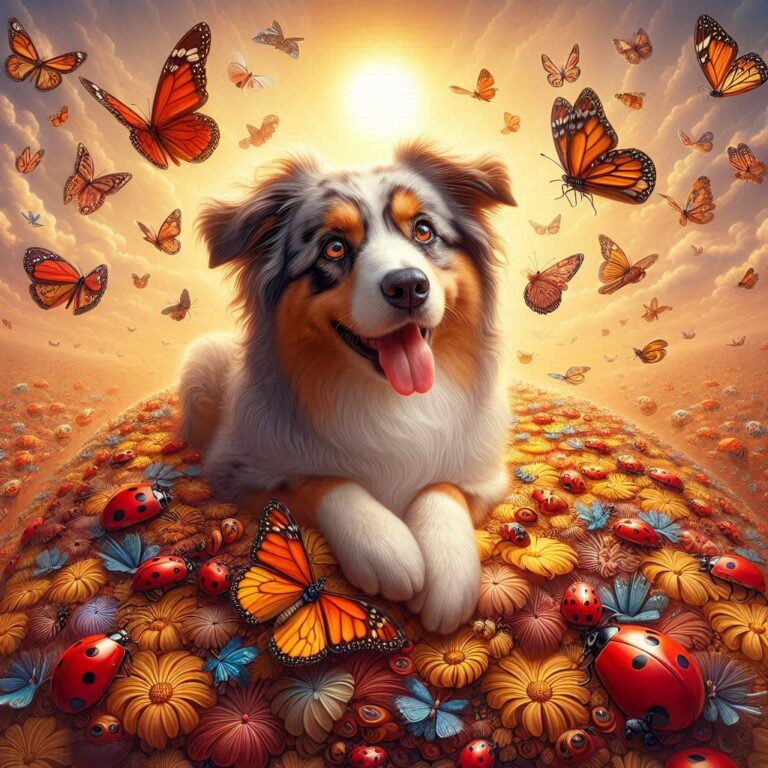 Australian Shepherd With Butterflies and Ladybugs
