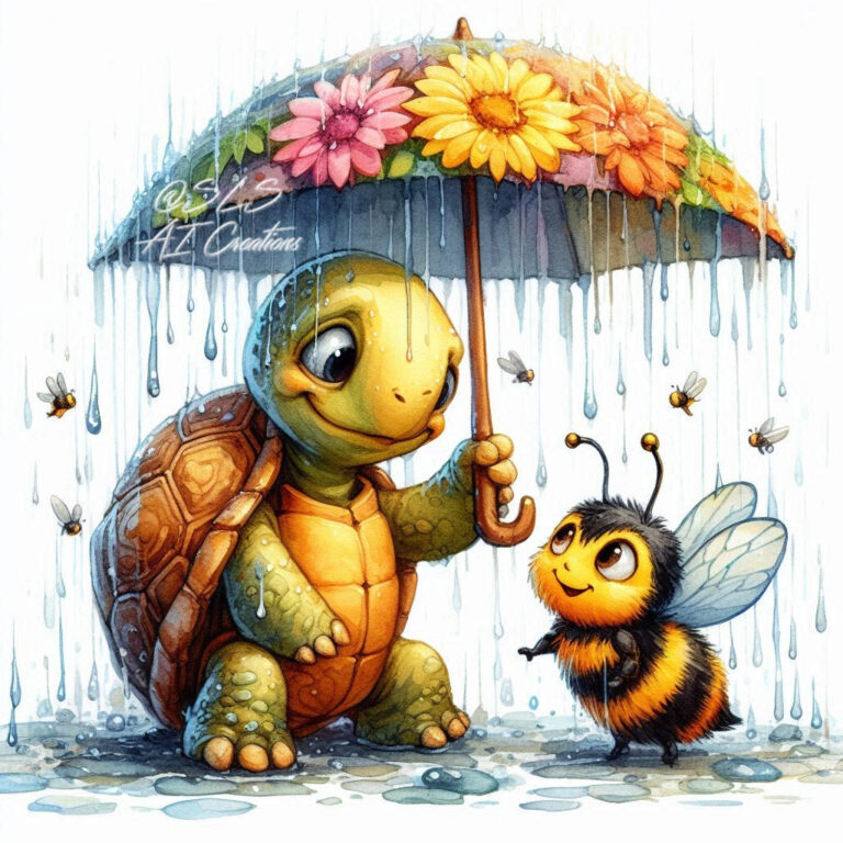 Silly Turtle Sheltering Bee Under Umbrella Watercolor