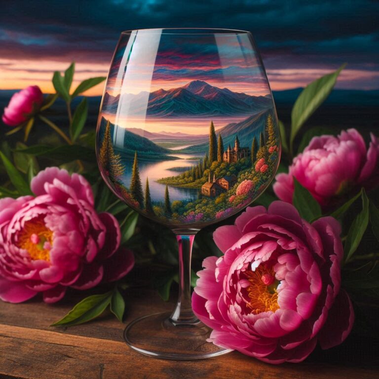 Castle Landscape in Wine Glass With Pink Peonies