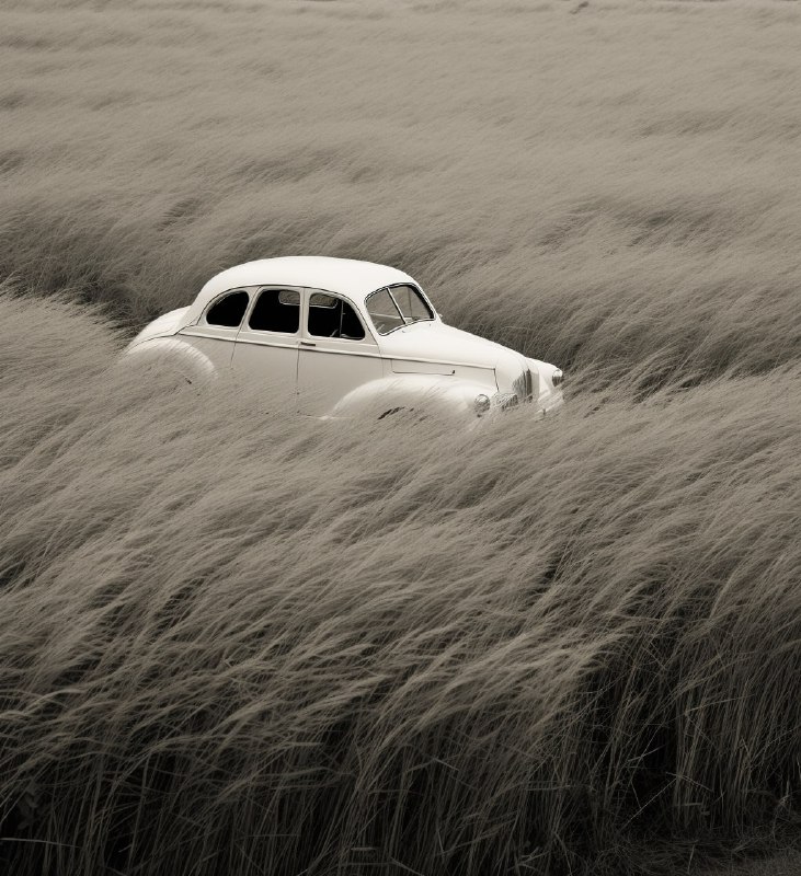White Car on Grass Black and White Photo