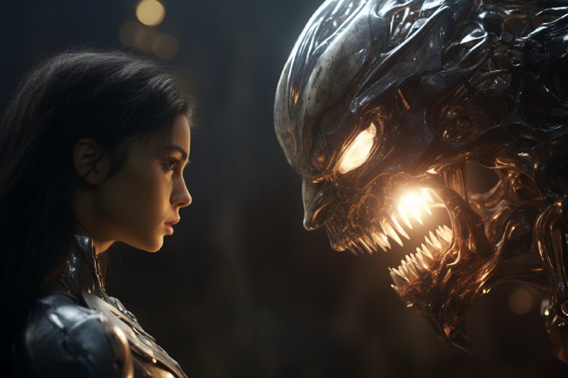 Warrior Woman Battling Cyborg Alien Cinematic