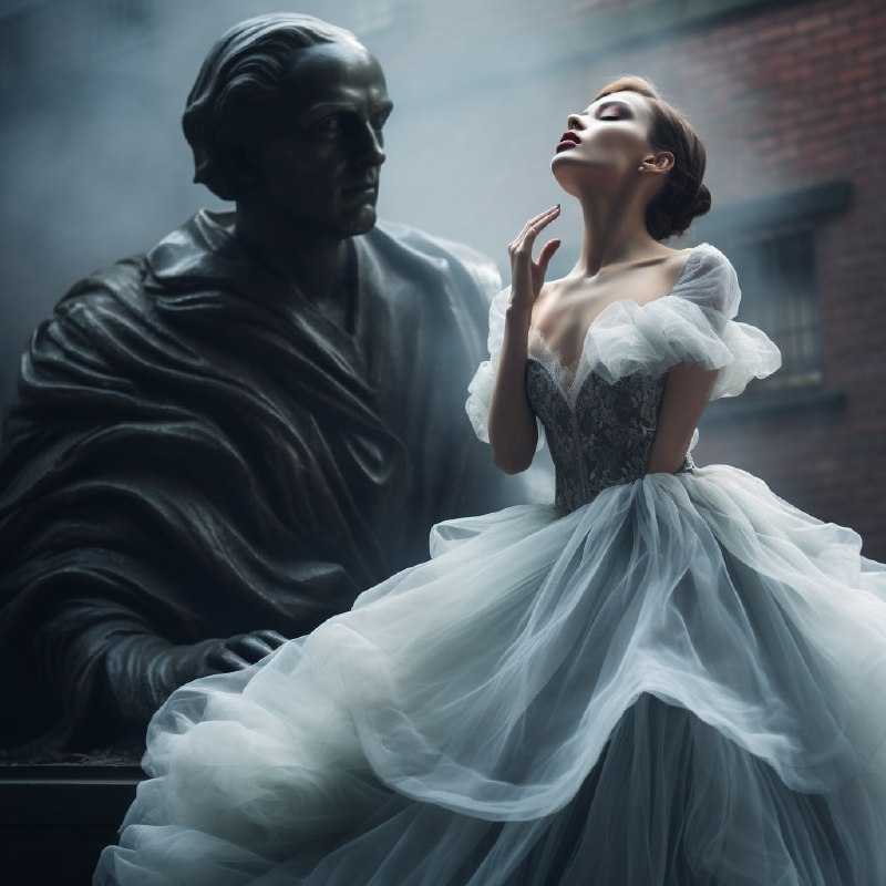 Woman in Tulle Gown Posing Beside Statue