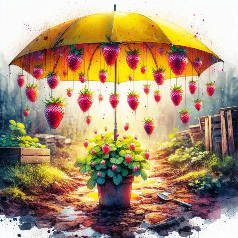 Yellow Umbrella Filled With Floating Strawberries