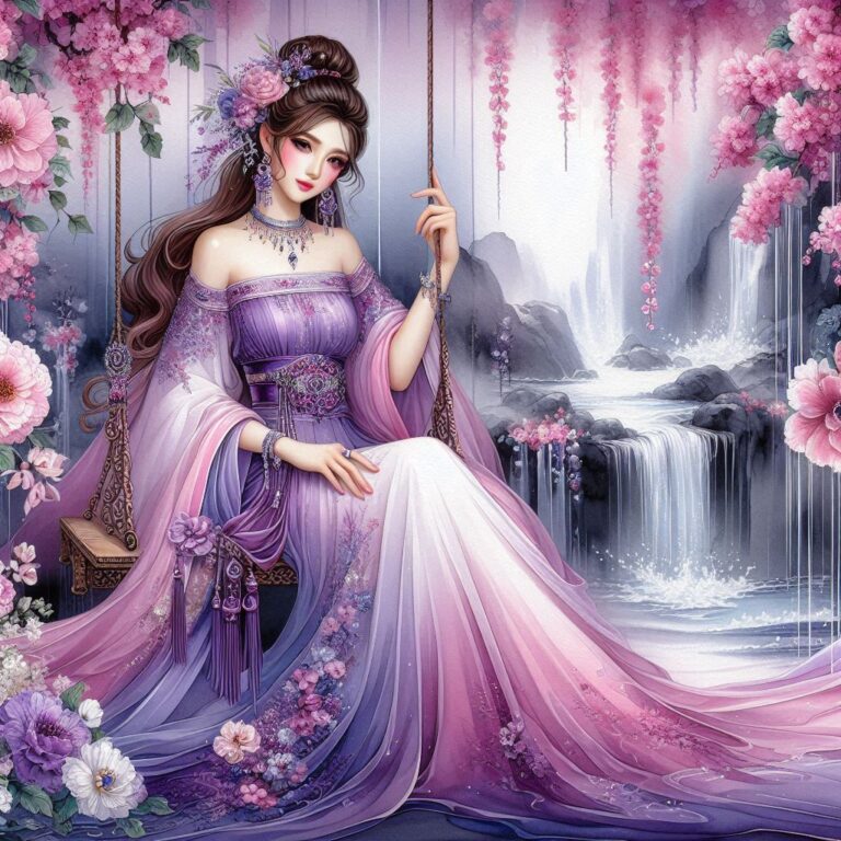 Woman on Flower Swing Among Cherry Blossom Falls