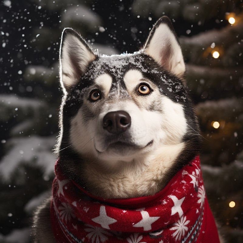 Alaskan Husky in Christmas Sweater in Snow