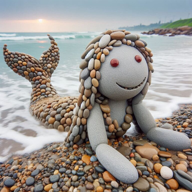 Smiling Mermaid Made of Rocks by the Seashore