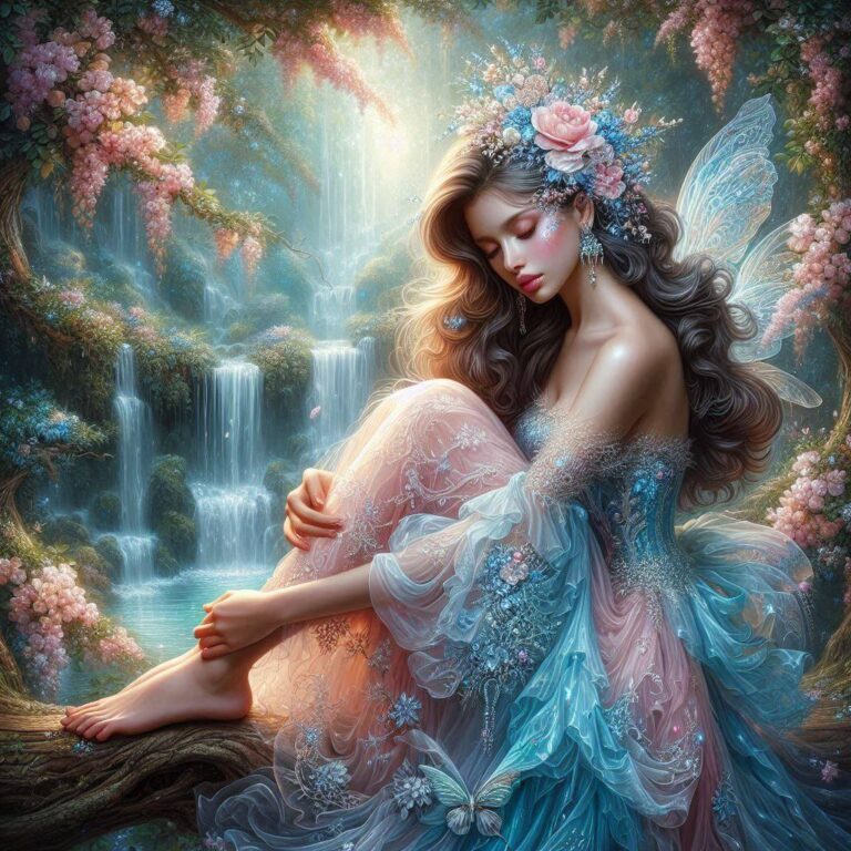Fairy in Blue and Pastel Pink Dress Oil Painting