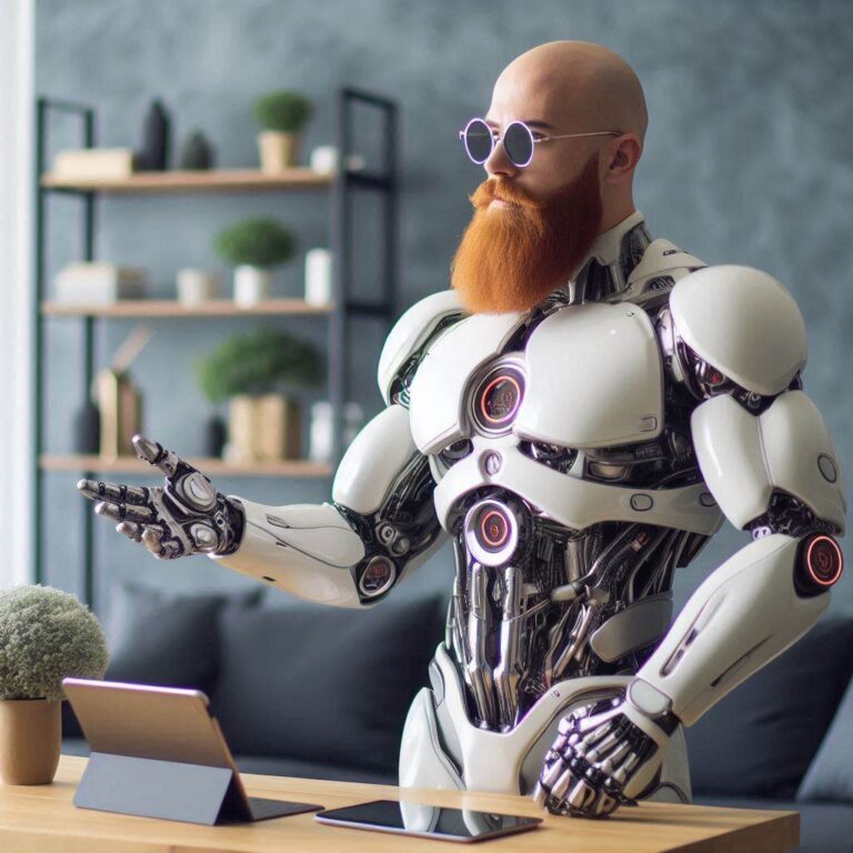Bald Interior Designer in Robotic Suit at Desk