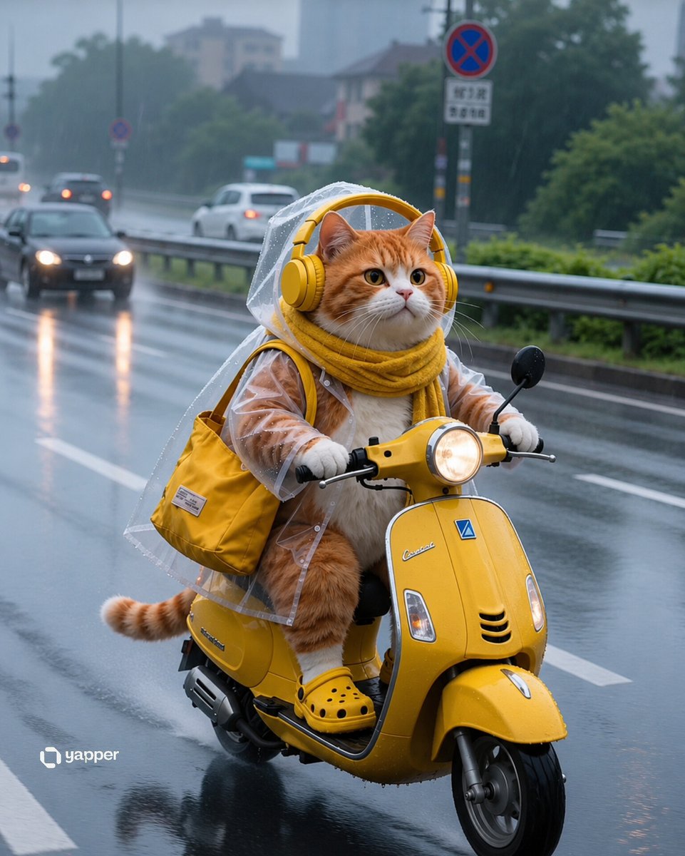 Rainy Commute: Cat on Vespa