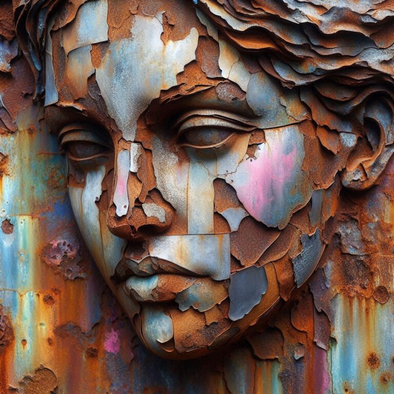 Rusted Iron Woman Face Sculpture Close-Up