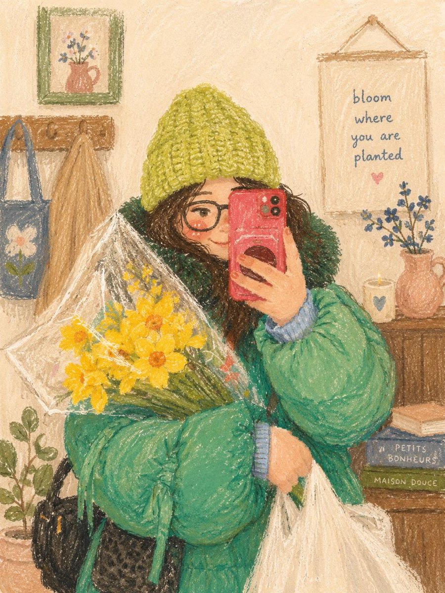 Cozy Pastel Girl Selfie Illustration