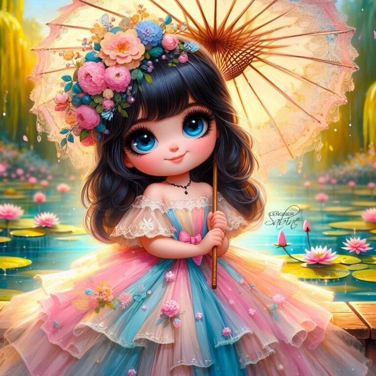 Cute Girl in Chiffon Dress Holding Flower Watercolor